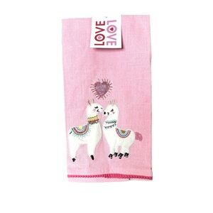VALENTINES DAY LLAMAS KITCHEN DISH TOWELS SET OF 2 EMBROIDERED BEADED POM POMS